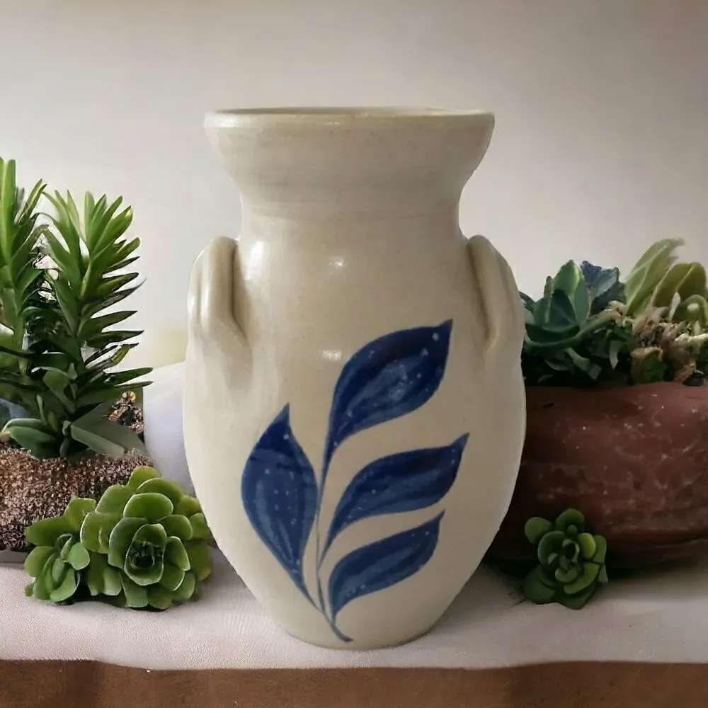 Williamsburg Pottery‎ Vase Two Handled  Blue Leaf Design Spring Summer Flowers.